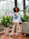 White loose linen blouse with embroidered ornament, Casual outfit blouse, Women designer floral blouse, Linen shirt long sleeve for woman