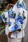 White loose linen blouse with embroidered ornament, Casual outfit blouse, Women designer floral blouse, Linen shirt long sleeve for woman