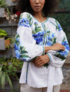 White loose linen blouse with embroidered ornament, Casual outfit blouse, Women designer floral blouse, Linen shirt long sleeve for woman