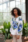 White loose linen blouse with embroidered ornament, Casual outfit blouse, Women designer floral blouse, Linen shirt long sleeve for woman