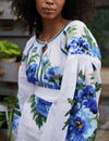 White loose linen blouse with embroidered ornament, Casual outfit blouse, Women designer floral blouse, Linen shirt long sleeve for woman