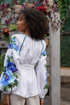 White loose linen blouse with embroidered ornament, Casual outfit blouse, Women designer floral blouse, Linen shirt long sleeve for woman