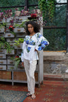 White loose linen blouse with embroidered ornament, Casual outfit blouse, Women designer floral blouse, Linen shirt long sleeve for woman