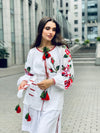 White Ukrainian vyshyvanka with nice embroidery, Custom white linen blouse, Women designer red floral blouse, Women long sleeve linen shirt