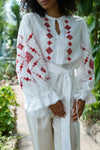 Ukrainian linen vyshyvanka, Red geometric embroidery blouse, Dressy woman blouse, Custom embroidery blouse, Casual linen blouse