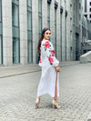 White linen maxi dress with embroidered roses & long sleeves, Romantic embroidery dress, Casual linen outfits for women, Summer linen dress