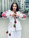 White Ukrainian vyshyvanka with nice embroidery, Custom white linen blouse, Women designer red floral blouse, Women long sleeve linen shirt
